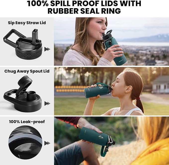 RAYMYLO Insulated Water Bottle 32 oz, Triple Wall Vacuum Stainless Steel | (Cold for 24Hrs, Hot for 12Hrs), Leak Proof & Non-BPA, Modern Water Flask Jug with Paracord Handle & Straw Spout Lids