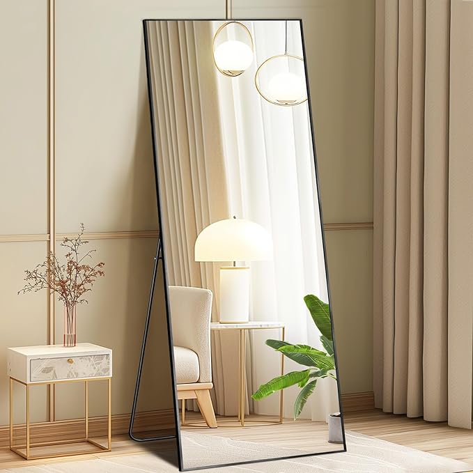 NEWBULIG 56"x15" Full Length Mirror, Full Body Standing Mirror, Black | Leaning or Standing, Tempered Glass, Aluminum Alloy Thin Frame Floor Stand for Bedroom, Cloakroom