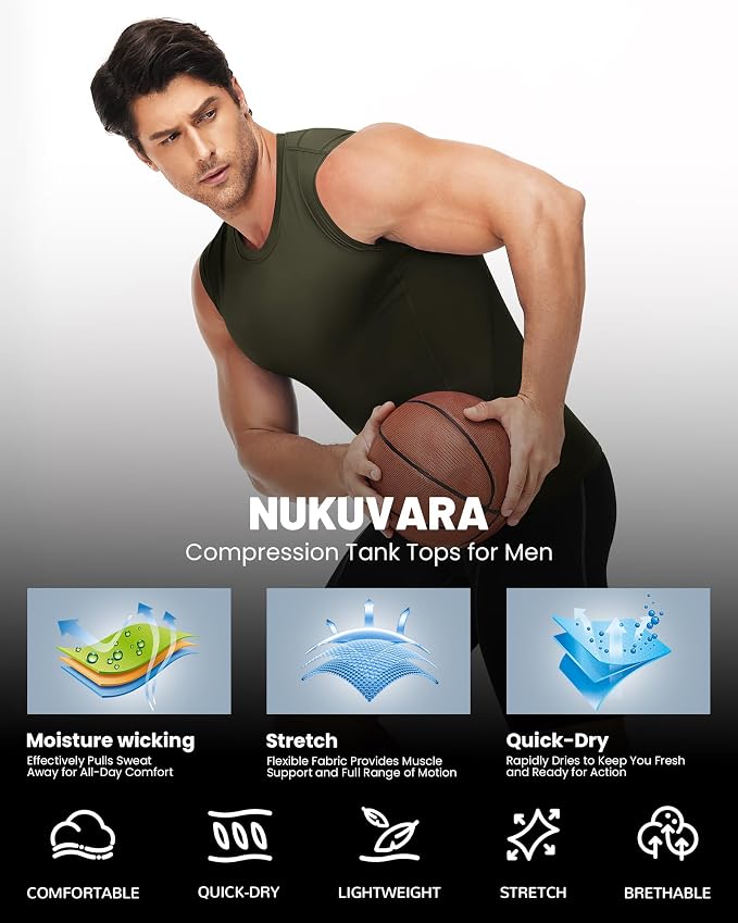 Men's Compression Shirt Sleeveless Athletic Workout Tank Tops Quick Dry Muscle Undershirts for Gym Running