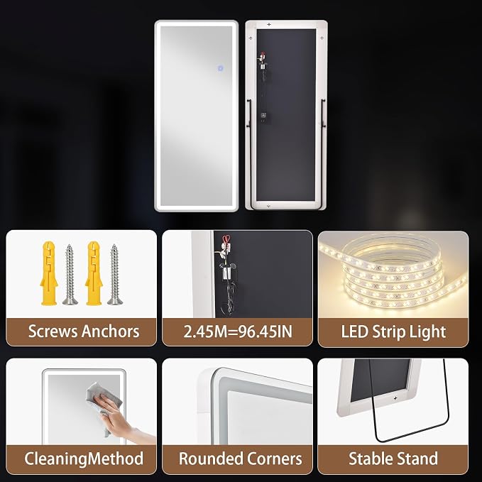 LED Floor Mirrors with Dimming &3 Color Lighting 20 x 63 Inch | LED Mirrors Full Length with Stand for Bedroom Dressing Room Checkroom Make-up Even Light OOTD Party Wedding Rect