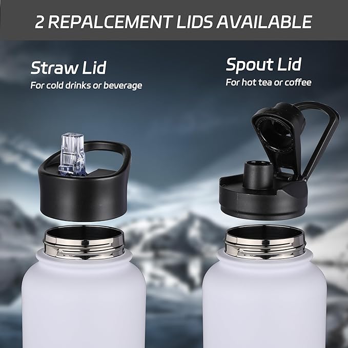 HASLE OUTFITTERS 32 oz Insulated Water Bottle Stainless Steel Double Walled Vacuum Sports Water Bottle with 2 Lids (Straw and Spout Lid) for Gym Camping Hiking(White,1)