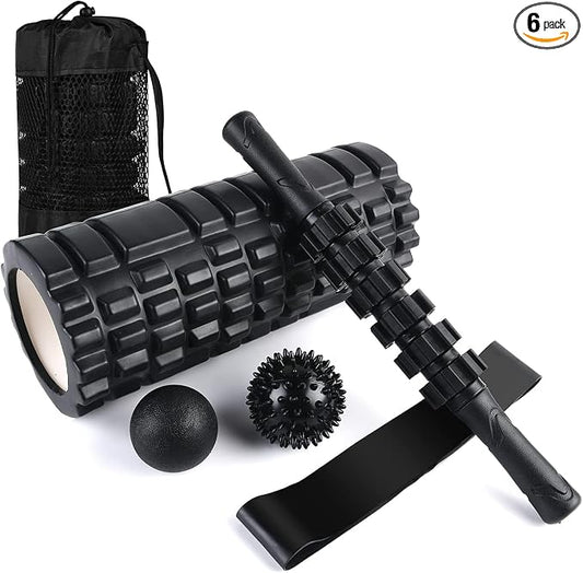 6 in1 Foam Roller Set, Trigger Point Foam Roller, Yoga Stick, Massage Ball, Fixation Ball, Fitness Stretching Strap, Carrying Bag, Towel for Deep Muscle Massage Pilates Yoga