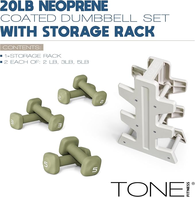 Tone Fitness Neoprene Dumbbell Set with Storage Rack – Non-Slip, Anti-Roll Hand Weights for Home Gym Workouts | 20 lb, 32 lb, 50 lb, 60 lb & 100 lb Options