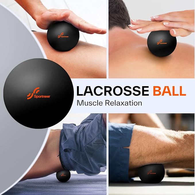 Sportneer 4 in 1 Pilates Foam Roller Muscle Relax Kit | with 2 Textured Foam Rollers Stringed Exercise Ball, Lacrosse Ball for Muscle Shoulder Back Leg Whole Body Relax Fitness Yoga