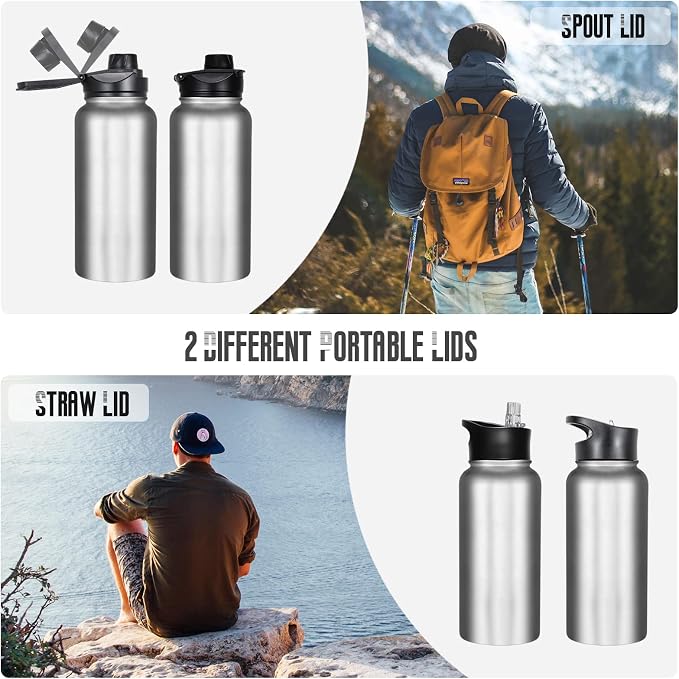 32 oz Insulated Water Bottle with Straw Lid & Wide Mouth Lids, Stainless Steel Sports Water Bottles, Double Walled Vacuum, Leak Proof, Stainless Steel