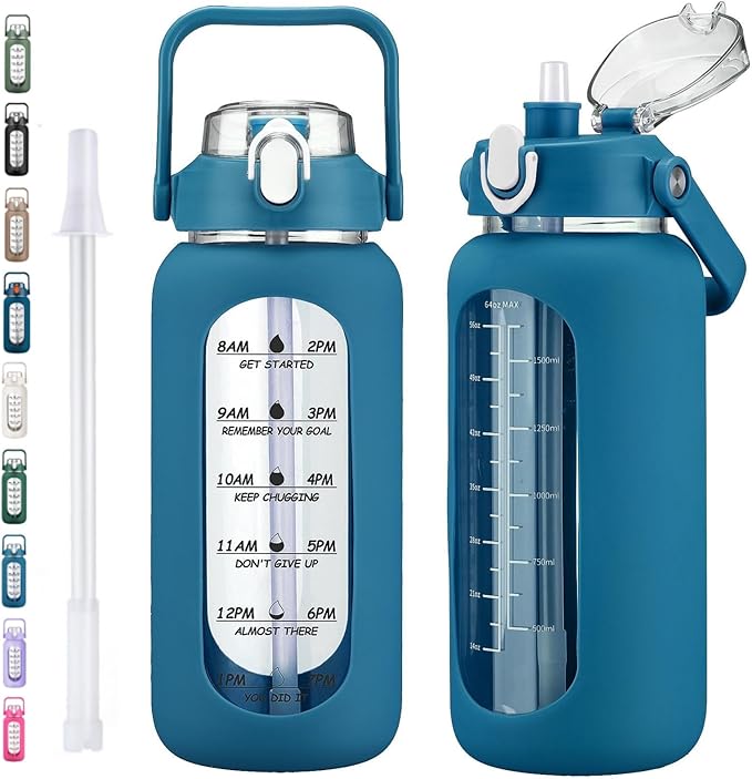 64oz Glass Water Bottles with Straw, Half Gallon Motivational Glass Bottle with Silicone Sleeve and Time Marker, 2L Leakproof Large Glass Water Jug for Gym Home Office,Iron Blue