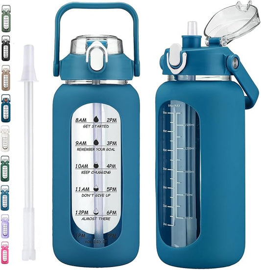 64oz Glass Water Bottles with Straw, Half Gallon Motivational Glass Bottle with Silicone Sleeve and Time Marker, 2L Leakproof Large Glass Water Jug for Gym Home Office,Iron Blue