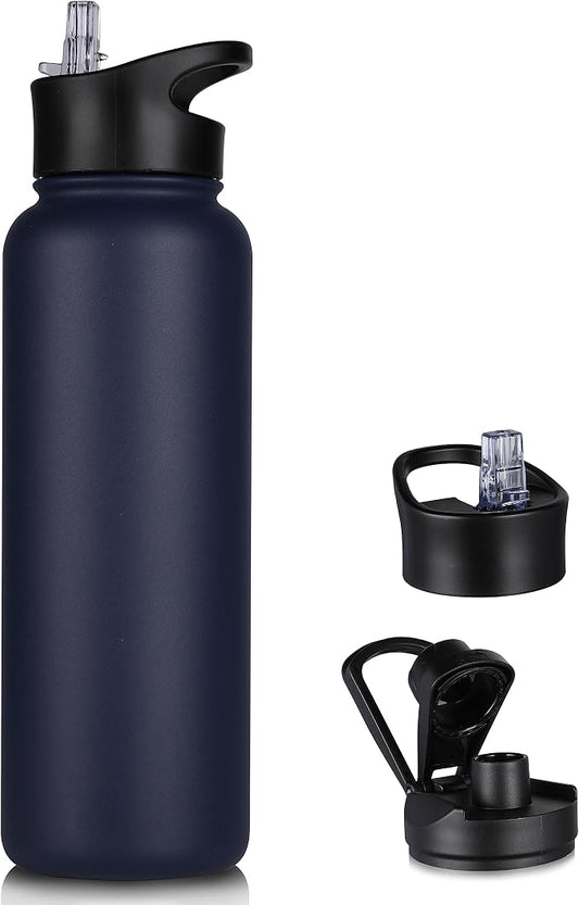 40 oz Insulated Water Bottle with Straw, Stainless Steel Sports Water Bottles with 2 Lids (Straw and Wide Mouth lid), Double Wall Vacuum, Leakproof, BPA-Free, Blue