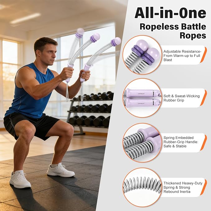 Weighted Ropeless Battle Ropes Adjustable Weight - Portable Cordless Battle Ropes for Home Gym with Workout Poster, Strength Building, HIIT & Low-Impact Cardio Training for Men & Women (Purple)
