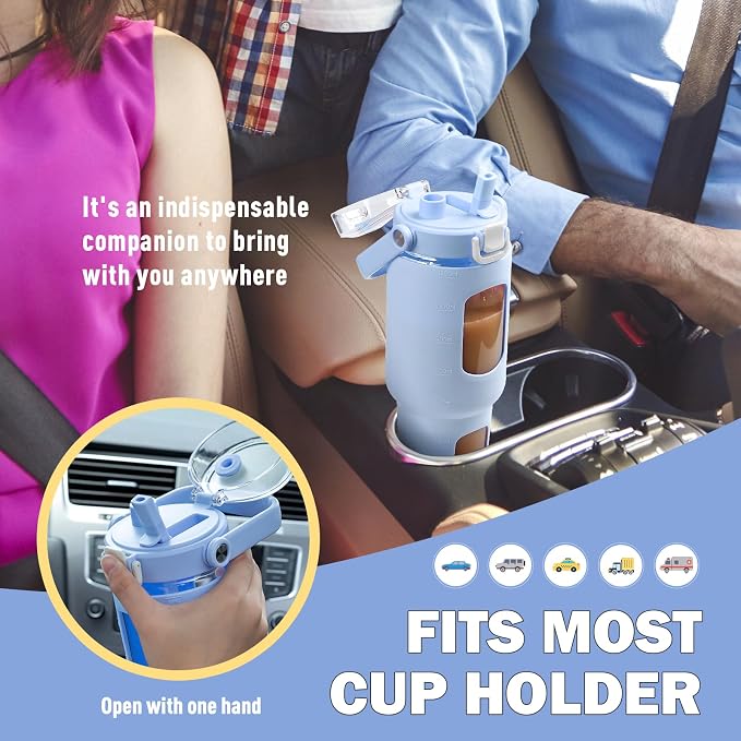 BLUEGO 40oz Glass Water Bottles with Straw Time Marker Half Gallon Large Motivational Water Bottle with Silicone Sleeve 2 Liter Large Glass Water Jug for Gym, Sports& Workout, Daily, Light Blue