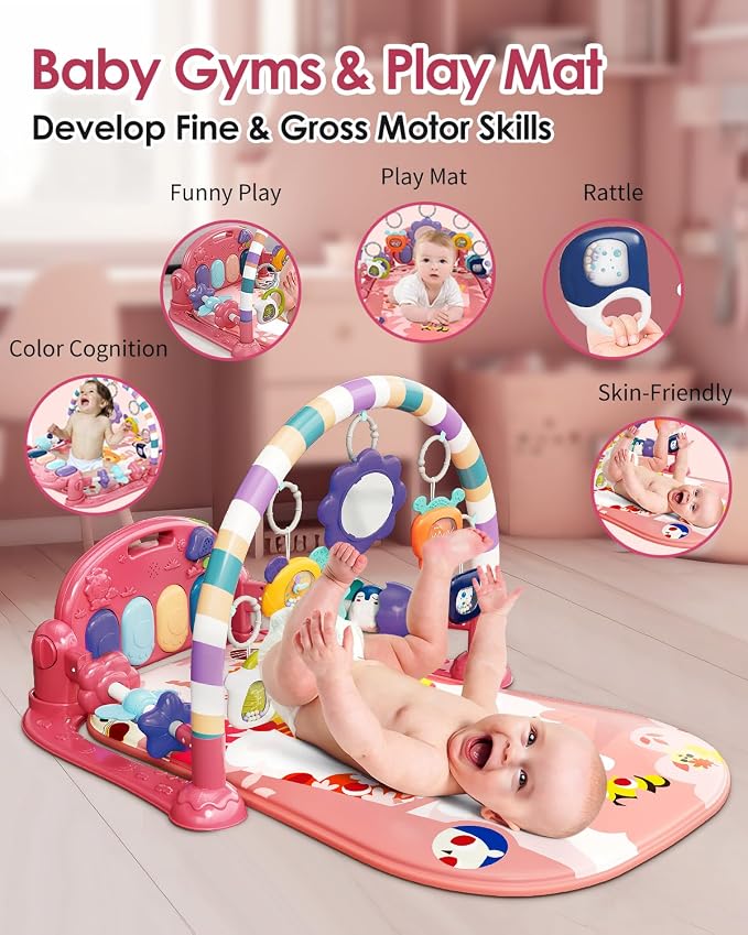 dearlomum Pink Tiger Baby Play Mat Gym with Piano & 2 Baby Book Toys