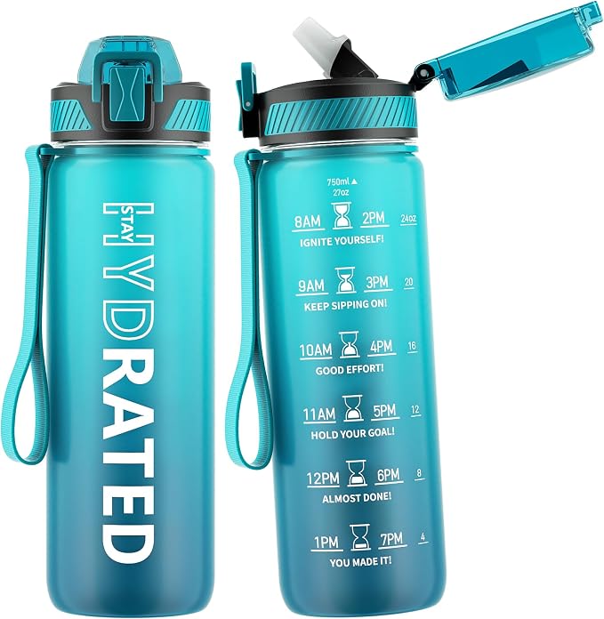 QLUR Water Bottle with Straw, 27oz Motivational Water Bottles with Time Marker to Drink, Tritan BPA Free, 750ml Sports Water Bottle with Carry Strap LeakProof for School Fitness Outdoor (1Pack)