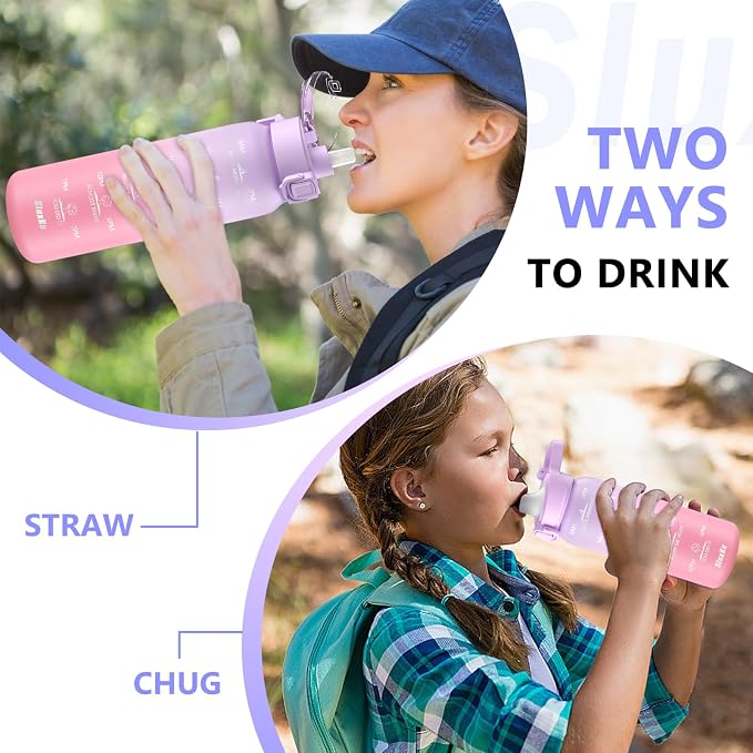 SLUXKE Stainless Steel Insulated Water Bottles 17oz with Handle, Double Wall Insulated Bottle with Time Marker BPA Free, 500ml Metal Water Flask for Outdoor Working School PURPLE PINK