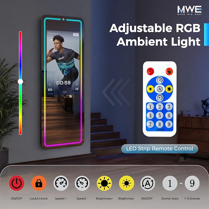 Smart Fitness Mirror, 32 Inch HD Touchscreen, 63 Inch Full-Length Workout Mirror, Android 12, RGB Music Sync, Wall Mount/Stand