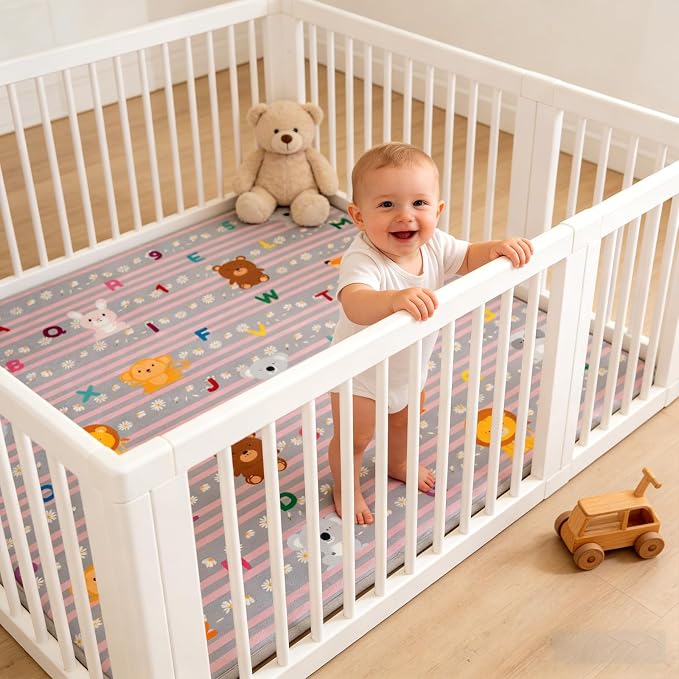 Baby Play Mat for Floor, 71'' x 59'' Thicken Foam Soft Padded Playmat for Tummy Time, Playpen Mat for Toddlers Infant Kids, Water-Repellent Coral Velvet, Non-Slip Bottom Safe for Crawling (Lion)