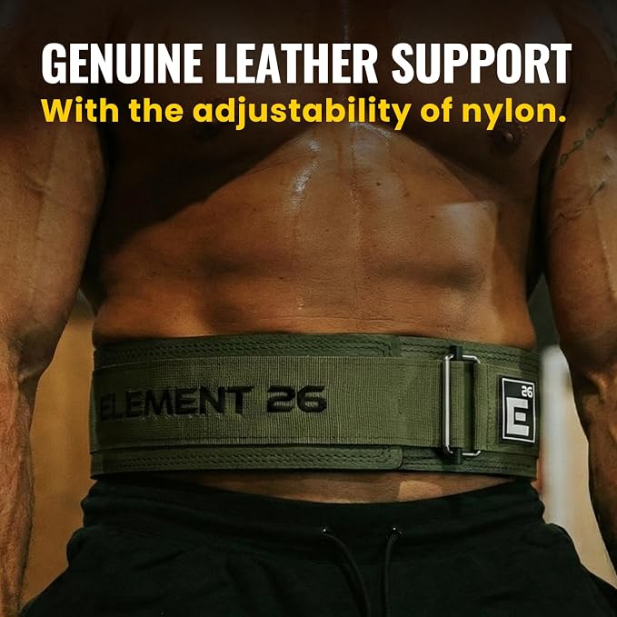 Element 26 Hybrid Leather Weight Lifting Belt | 4” Real Leather Back Support for Gym, Powerlifting, Body Building, Men, Women, Deadlift, Squat, Self Locking, Competition