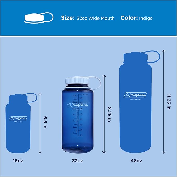 Nalgene 32 oz Wide Mouth Water Bottle, Indigo | BPA-Free, Durable & Lightweight, Leak Proof, Dishwasher Safe, Large Reusable Plastic Bottle for Hiking, Gym, Work & Travel