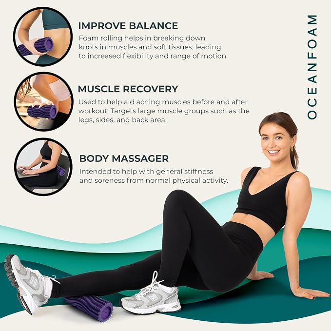 Oceanfoam Ripple Travel Foam Roller (11" x 3.35") Firm Mini Foam Roller for Physical Therapy, Deep Tissue Massage, Back Pain - High Density, Ergonomic Wave Textured - Yoga, Pilates, Exercise (Purple)