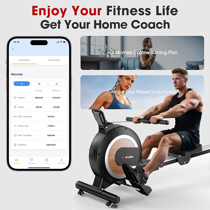 Wenoker Rowing Machine for Home, Magnetic Rower Machine, 350 LB Weight Capacity, 16-Level Silent Resistance Row Machine for Gym Exercise