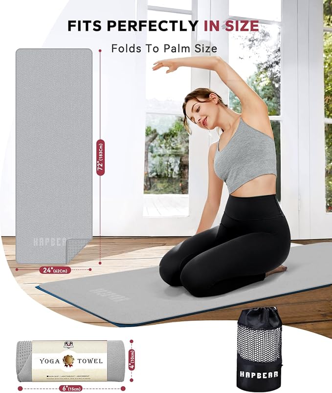 HAPBEAR Non Slip Yoga Mat Towel with Grip Dots, 72" x 24" Hot Yoga Towel - Super Absorbent Microfiber Yoga Towel for Hot Yoga, Bikram, Pilates and Gym Workout - Grey