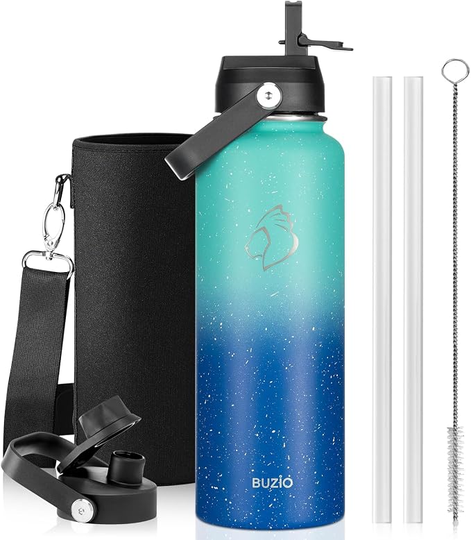 BUZIO Insulated Water Bottle with Straw, 40 oz Stainless Steel Sports Wide Mouth Water Bottle, BPA-Free Flex Cap and Straw Lid, Wide Mouth BPA-Free Sweat-Proof Sports Water Flask, Keep Hot Cold | 40 oz Insulated Stainless Steel Water Flask (Cold for 48...