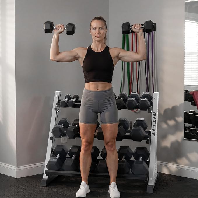 RitFit Rubber Hex Dumbbell Set with Storage Weight Rack | Rubber Heavy-Duty Coated Cast Iron, Knurled Chrome Handle, Space-Saving Storage for Home Gym Strength Training