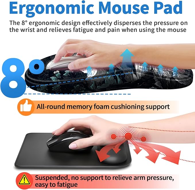 YIWEI Ergonomic Mouse Pad with Wrist Rest for Carpal Tunnel Pain Relief | Memory Foam Wrist Support,Non-Slip Rubber Base, Keyboard Computer Mousepad,Lycra Cloth Surface,Gaming Home Office