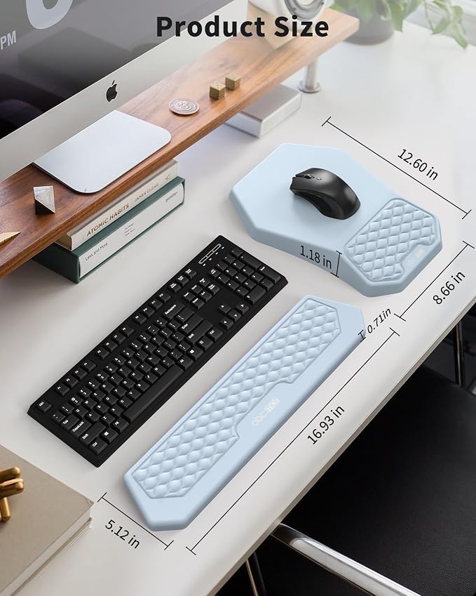 Ergonomic Mouse Pad Wrist Rest and Keyboard Wrist Rest Support Set | Massage Design Mousepad for Carpal Tunnel Pain Relief, Memory Foam, Non-Slip PU Base for Computer Desk, Blue