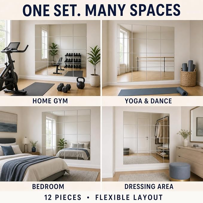 12" x 12" Glass Wall Mirror Tiles for Wall, Frameless Full Length Mirrors Wall Mounted for Home Gym Mirror Yoga Bedroom Dancing Studio Dressing Room (12PCS)