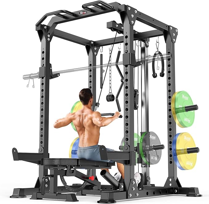 Power Rack Power Cage Multi-Function Squat Rack with Cable Crossover System Selectable More Training Attachment Power Rack for Garage & Home Gym