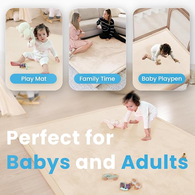 1.3" Thick Baby Play Mat for Floor Playpen, 50x50 Foam Tummy Time Mat, Padded Support Soft Plush Nursery Rug for Infant Kids Toddler Crawling Kick Activity (Beige)