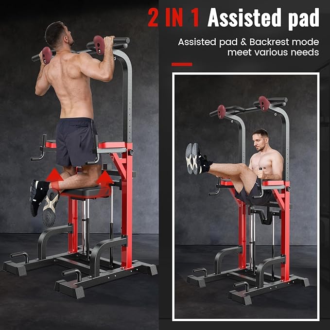 Pull Up Bar Power Tower Dip Station, 450LB Adjustable Home Gym Equipment | 11-height adjustment supports pull ups, dips, knee raises, push ups and versatile full-body strength training
