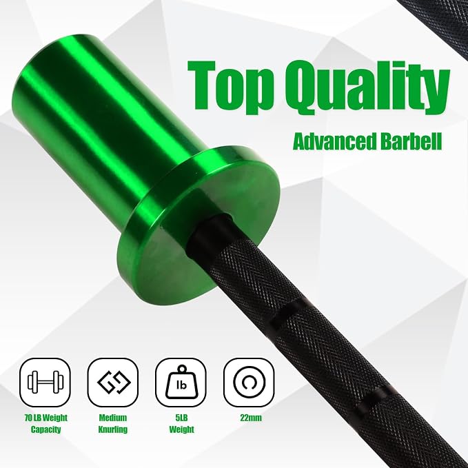 4FT 5LB Aluminum Kids Barbell, 70LB Capacity | Youth training bar with 22mm knurled grip, bearings, brass bushings, and 2-inch Olympic plate compatibility