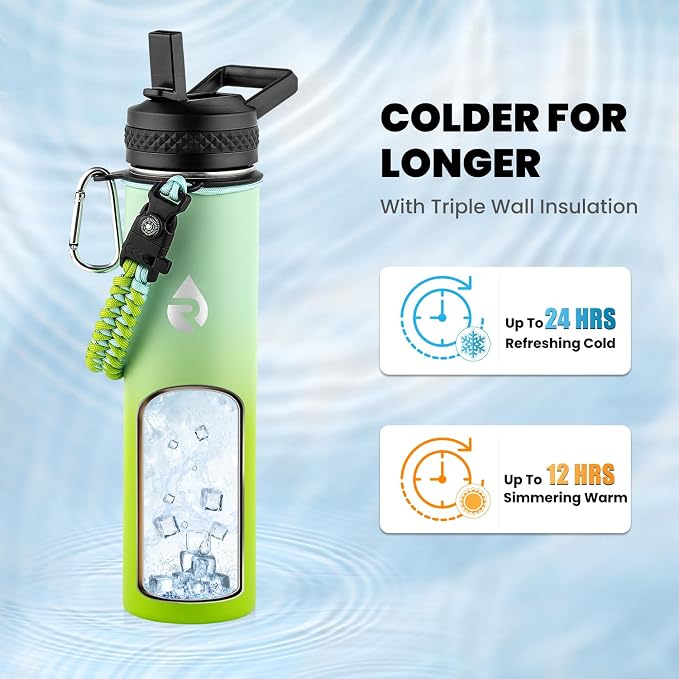 RAYMYLO Insulated Water Bottle 24 oz, Triple Wall Vacuum Stainless Steel | (Cold for 24Hrs, Hot for 12Hrs), Leak Proof & Non-BPA, Modern Water Flask Jug with Paracord Handle & Straw Spout Lids