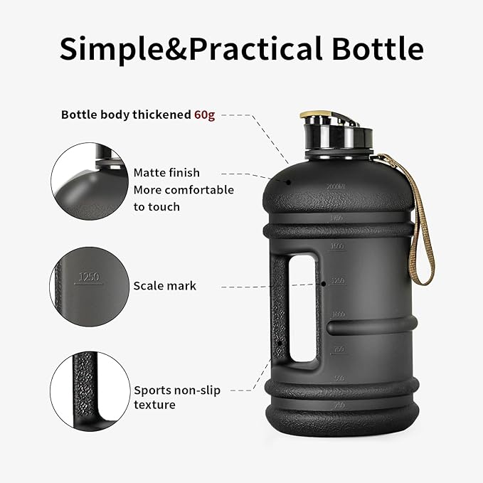 TOOFEEL 2 Liter Water Bottles - Half Gallon Water Bottle BPA Free - Ideal for Gym, Big Water Jug, Reusable Sports Bottle with Measurements Marked Drink Container (2.2L 74oz Matte Black Water Jugs) | Half Gallon