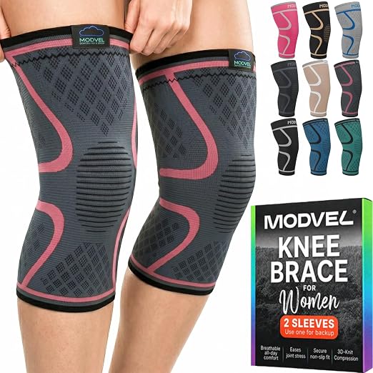 Modvel 2 Pack Knee Brace for Women - Knee Support for Walking, Knee Compression Sleeves for Pain Relief, Knee Sleeves for Women, Knee Brace for Sports, Workouts & Arthritis
