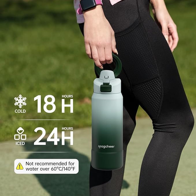 Insulated Magnetic Water Bottle - Reusable Stainless Steel Bottle with MagSafe Compatible Phone Holder - Keeps Cold for 24 Hours - Perfect for Gym, Sports, and Travel - Gradient Green 24oz