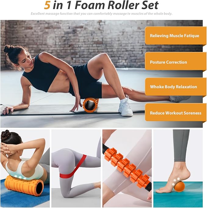 SUBCULTUREPICK 5-in-1 Foam Roller Set Trigger Point Exercise Foam Roller | High Density Deep Tissue Muscle Massage, Muscle Roller, Massage Ball, Stretching Strap, for Physical Therapy & Pain Relief