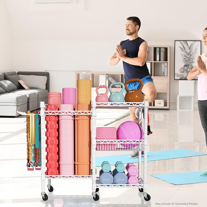FUTASSI Home Gym Storage, 3 Tiers Workout Equipment Organizer with Wheels for Yoga Mats, Foam Roller, Dumbbells, Kettlebells, and Resistance Bands