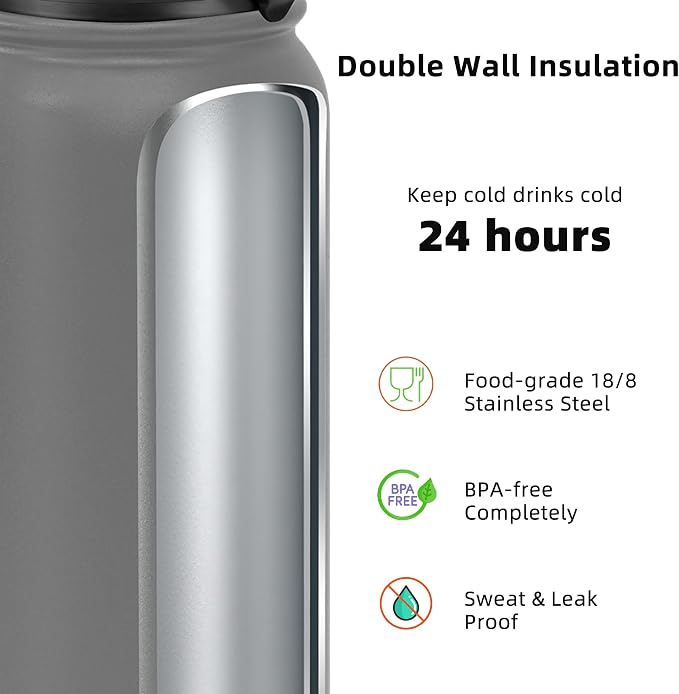 Fanhaw 20 oz Insulated Stainless Steel Water Bottle with Anti-Dust Chug Lid & Carabiner Lid, Leakproof Vacuum Metal Bottle for Kids, Teens & Adults, Back to School Essentials (Gray)