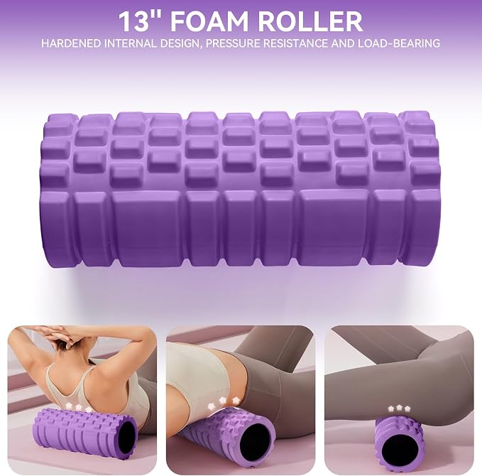 Krightlink 5 in 1 Foam Roller Set High Density Deep Tissue Massager | Trigger Point Massage Roller for Muscle Massage, Massage Ball, Resistance Band for Whole Body Physical Therapy Purple
