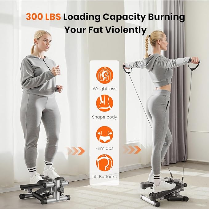 Sweetcrispy Mini Stair Stepper with Resistance Bands, Hydraulic Home Stepper Machine, 300 LBS Weight Capacity, Compact Cardio Equipment with LCD Monitor, No Assembly Required