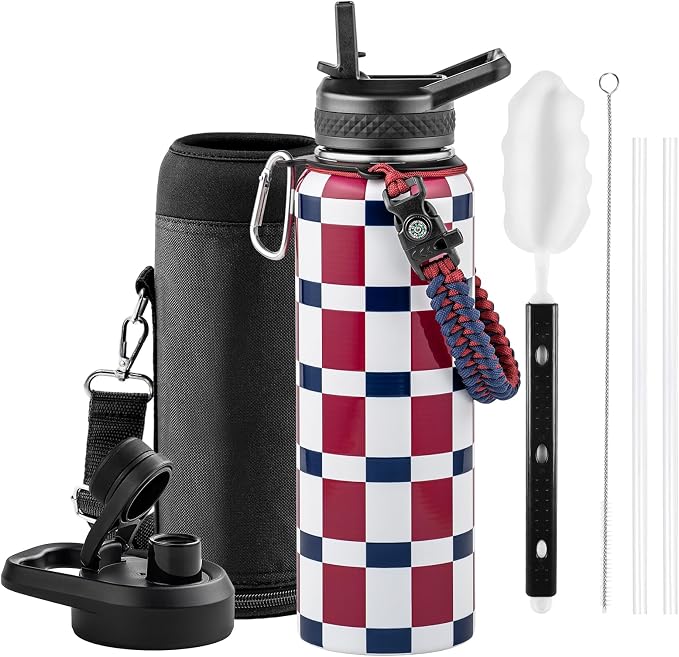 RAYMYLO Insulated Water Bottle 40 oz, Triple Wall Vacuum Stainless Steel | (Cold for 36Hrs, Hot for 18Hrs), Leak Proof & Non-BPA, Modern Water Flask Jug with Paracord Handle & Straw Spout Lids