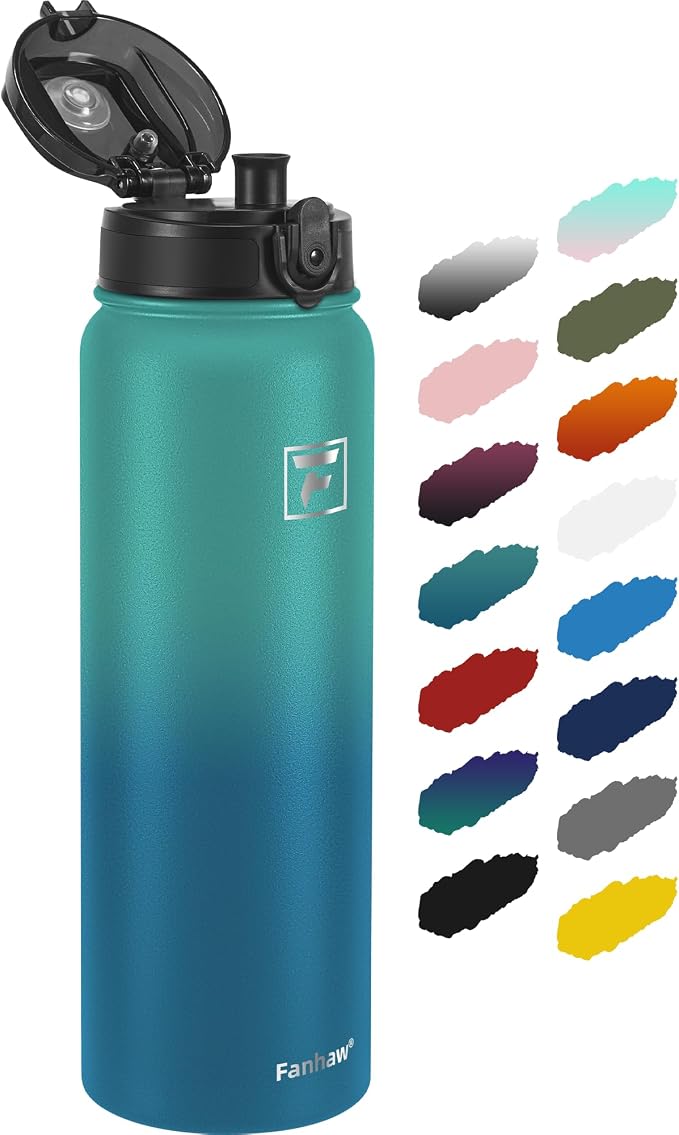 Fanhaw 40 oz Insulated Stainless Steel Water Bottle with Chug Lid, Leakproof & Sweat-Free Extra-Large Metal Bottle for Outdoor, Hiking & Gym (Green Blue)