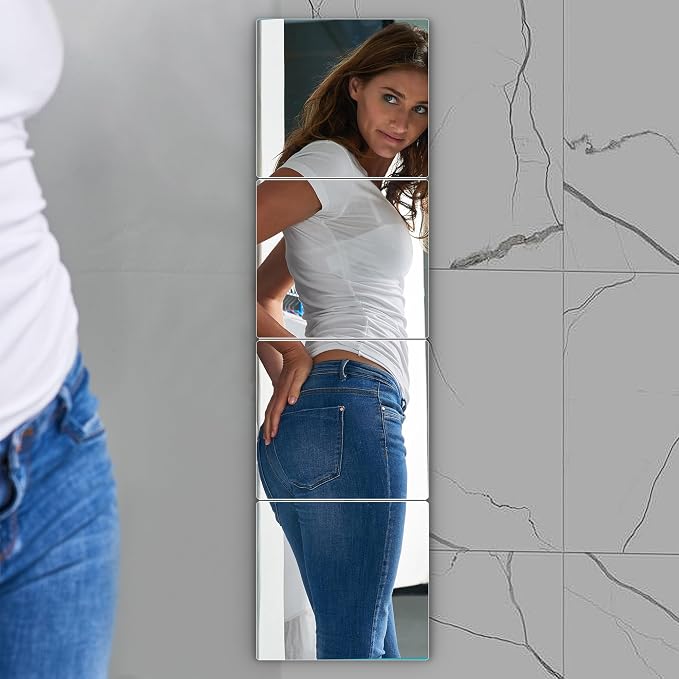 Unbreakable Wall Full Length Mirror Tiles, Long Mirrors for Wall, 4 PCS 10x10 Inch, Full Body Mirror Stickers, Acrylic Mirror' Kids, Over The Door, Wall-Mounted Bedroom, Workout Mirrors for Home Gym