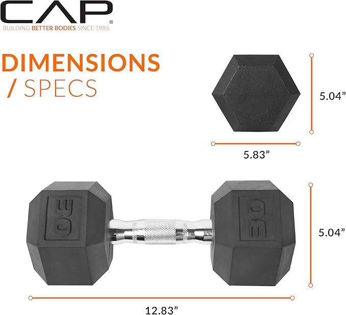 CAP Rubber Coated Dumbbell Weights, Free Weights for Home Gym Strength Training, Anti-Roll Hex Dumbbells with Black, Chrome & Comfort Grip Handles, Singles