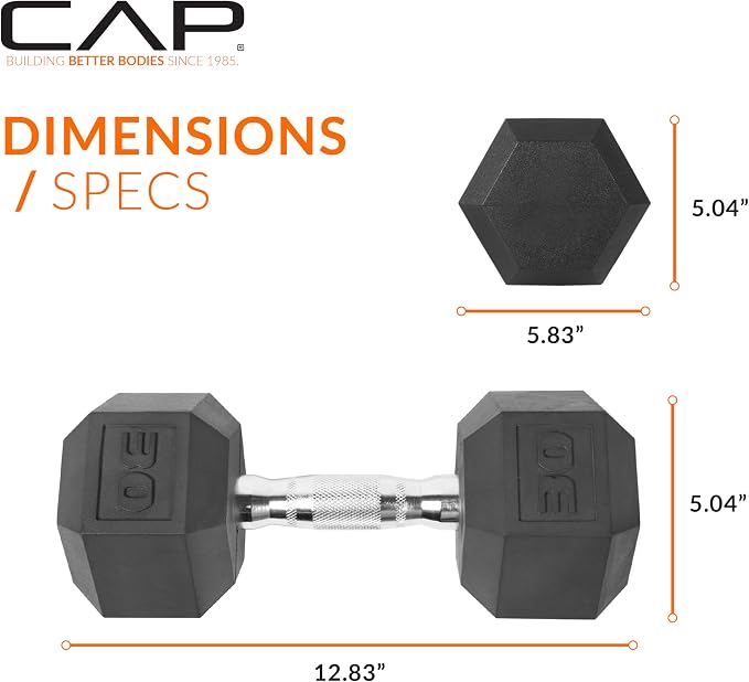 CAP Rubber Coated Dumbbell Weights, Free Weights for Home Gym Strength Training, Anti-Roll Hex Dumbbells with Black, Chrome & Comfort Grip Handles, Pairs & Sets