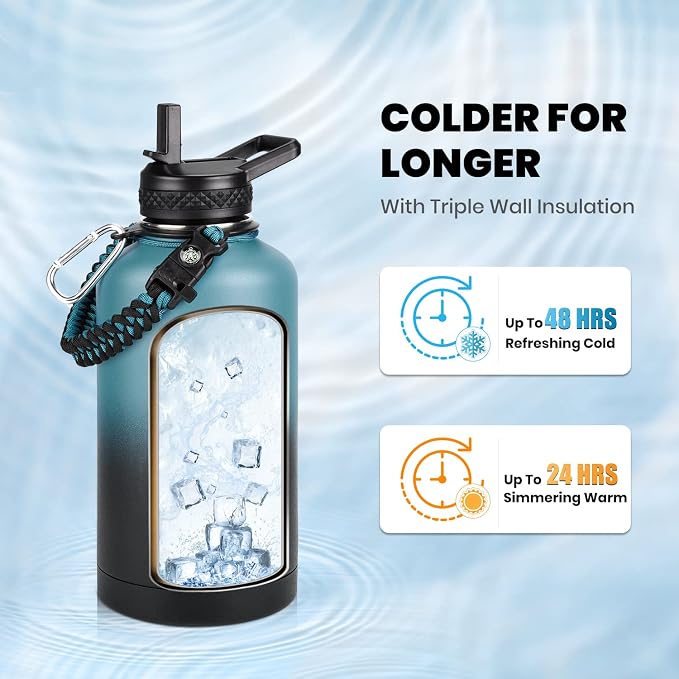 RAYMYLO Insulated Water Bottle 64 oz, Triple Wall Vacuum Stainless Steel (Cold for 48 Hrs), Leak Proof & Non-BPA, Half Gallon Water Flask Jug with Paracord Handle & Straw Spout Lids | (Cold for 48 Hrs), Leak Proof & Non-BPA, Half Gallon Water Flask Jug...
