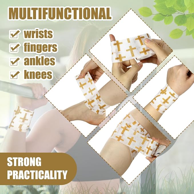 Geiserailie 12 Pack Christian Athletic Tapes 2 Inch x 5 Yards Self Adhesive Bandages Sports Wraps Breathable Elastic Wrap Non Woven Bandage for Wrist, Ankle, Baseball Football (White and Gold)
