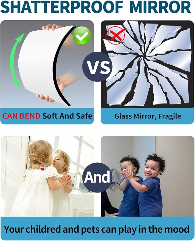 Unbreakable Acrylic Full Length Mirror for Wall Mounted, Full Body Mirror for Kids, Flexible Plastic Safe Shatterproof, 2 PCS 24 x 14 Inches, Workout Mirrors Tiles for Home Gym, Bedroom Over The Door